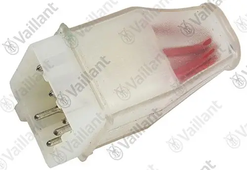 Stecker von Vaillant mit mehreren Anschlüssen, transparentem Gehäuse und sichtbaren Drähten im Inneren, geeignet für elektrische Verbindungen.